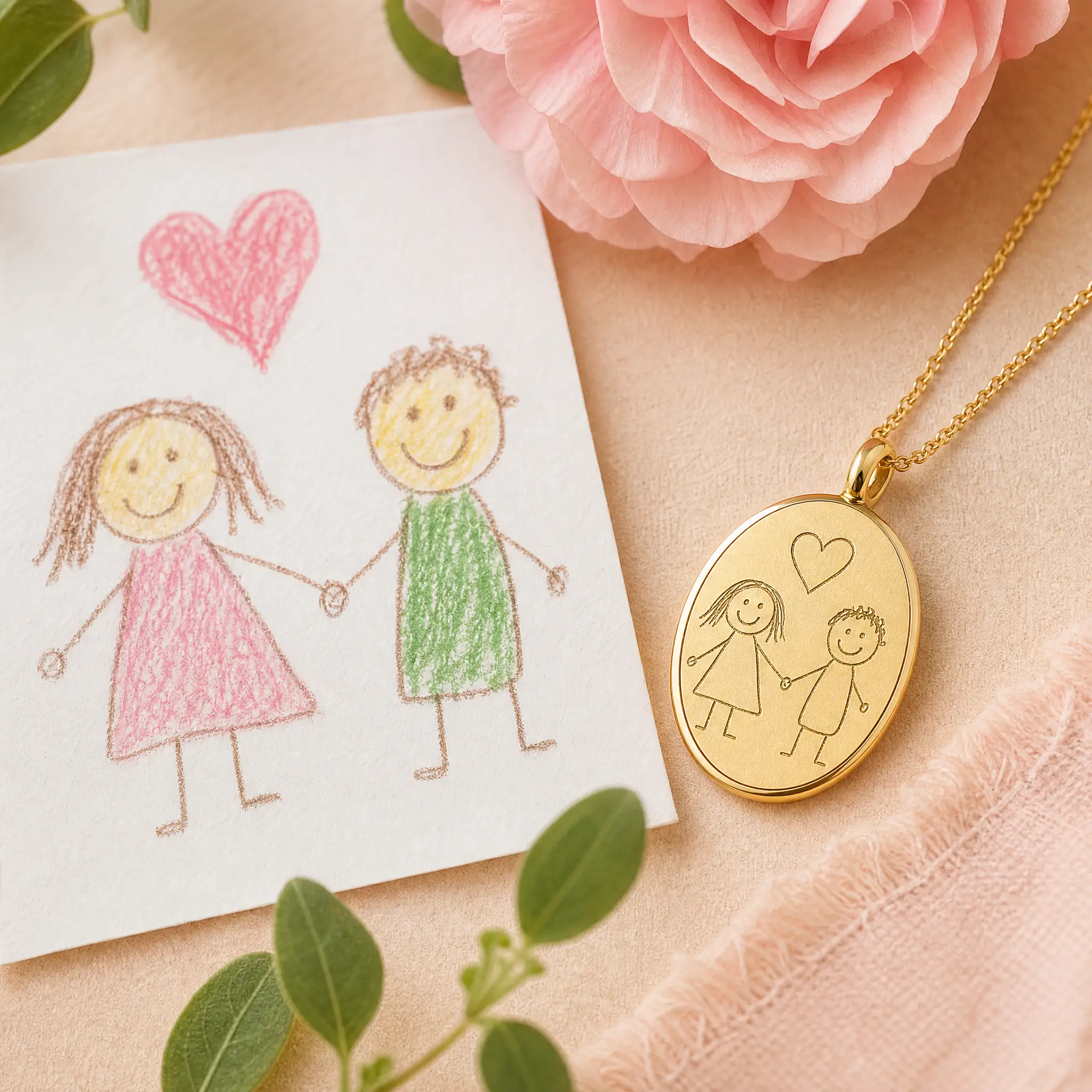 A child's family drawing and matching jewellery concept