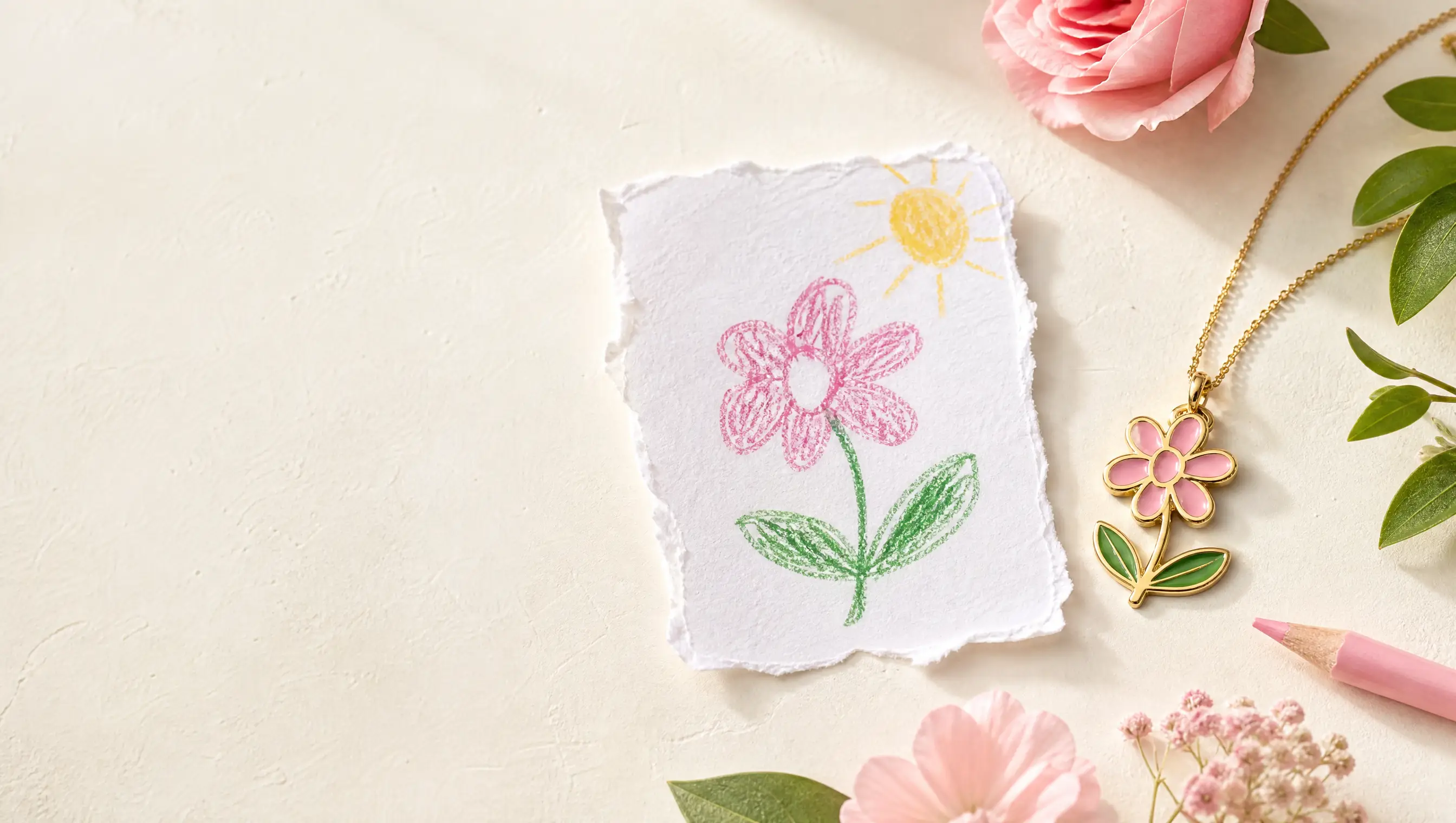 Illustrative concept: a child's pink flower drawing beside a matching flower necklace